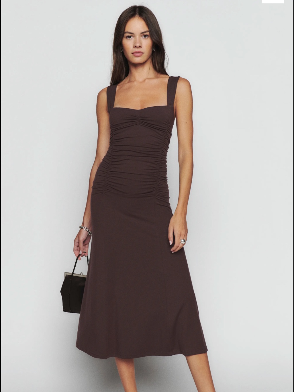 Reformation Brown Ruched Square-Neck Midi Dress